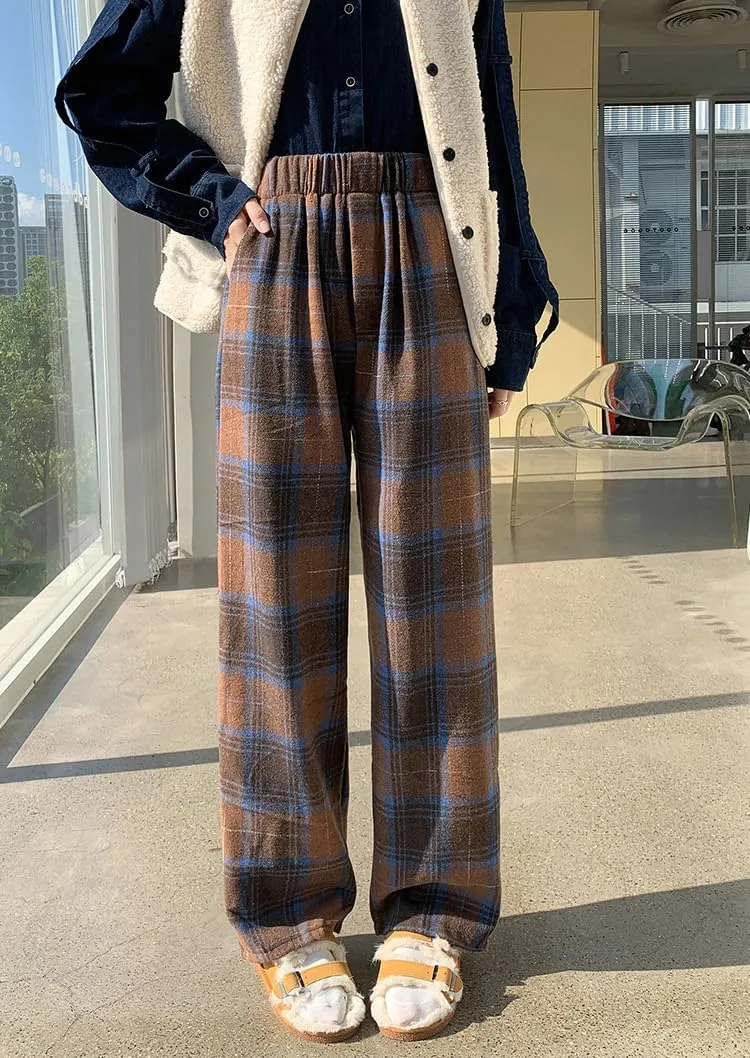 chouyatou Women's Fall Winter High Waist Wide Leg Plaid Office Work Wool Blend Palazzo Pants Trousers with Pockets