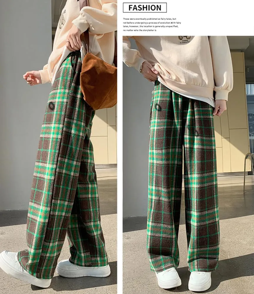 chouyatou Women's Fall Winter High Waist Wide Leg Plaid Office Work Wool Blend Palazzo Pants Trousers with Pockets