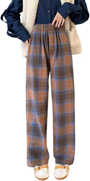 chouyatou Women's Fall Winter High Waist Wide Leg Plaid Office Work Wool Blend Palazzo Pants Trousers with Pockets