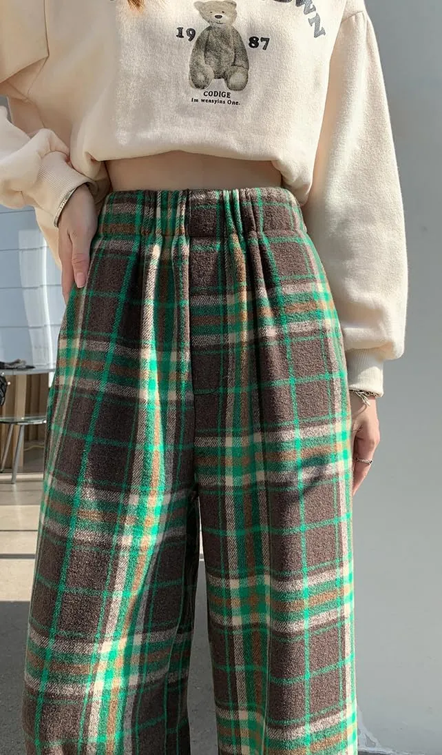 chouyatou Women's Fall Winter High Waist Wide Leg Plaid Office Work Wool Blend Palazzo Pants Trousers with Pockets