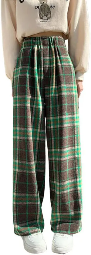 chouyatou Women's Fall Winter High Waist Wide Leg Plaid Office Work Wool Blend Palazzo Pants Trousers with Pockets