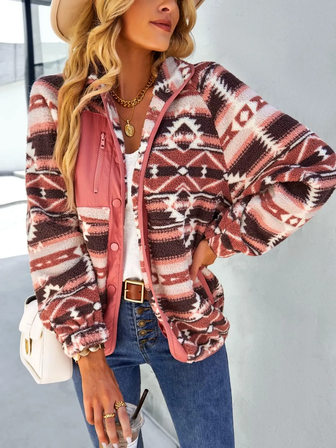 chouyatou Women's Fleece Jacket Tribal Aztec Print Long Sleeve Button Down Shacket Jacket Coats
