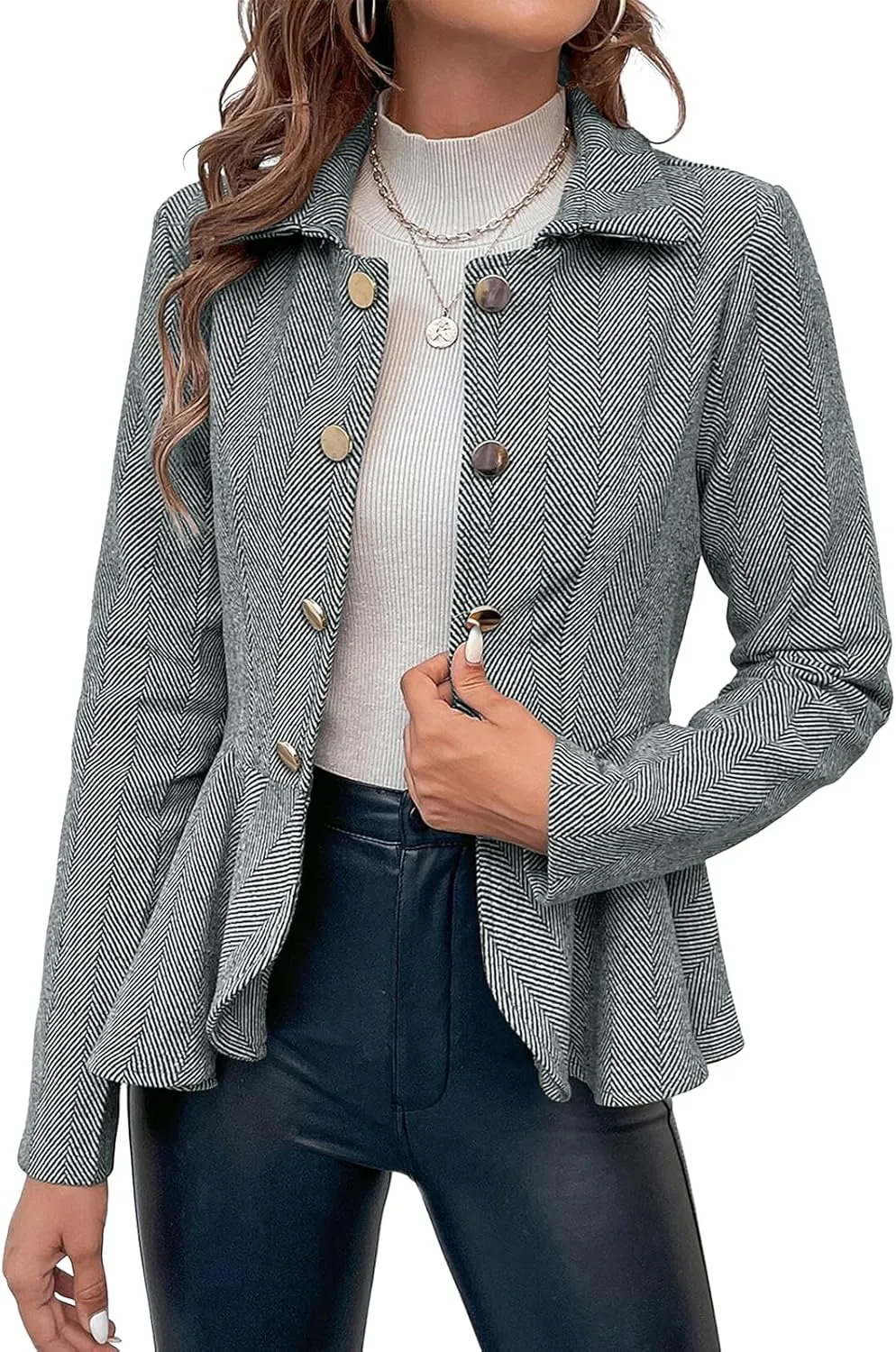 Cicy Bell Elegant Women Blazer Business Work Office Peplum Hem Jacket Open Front Herringbone Coats