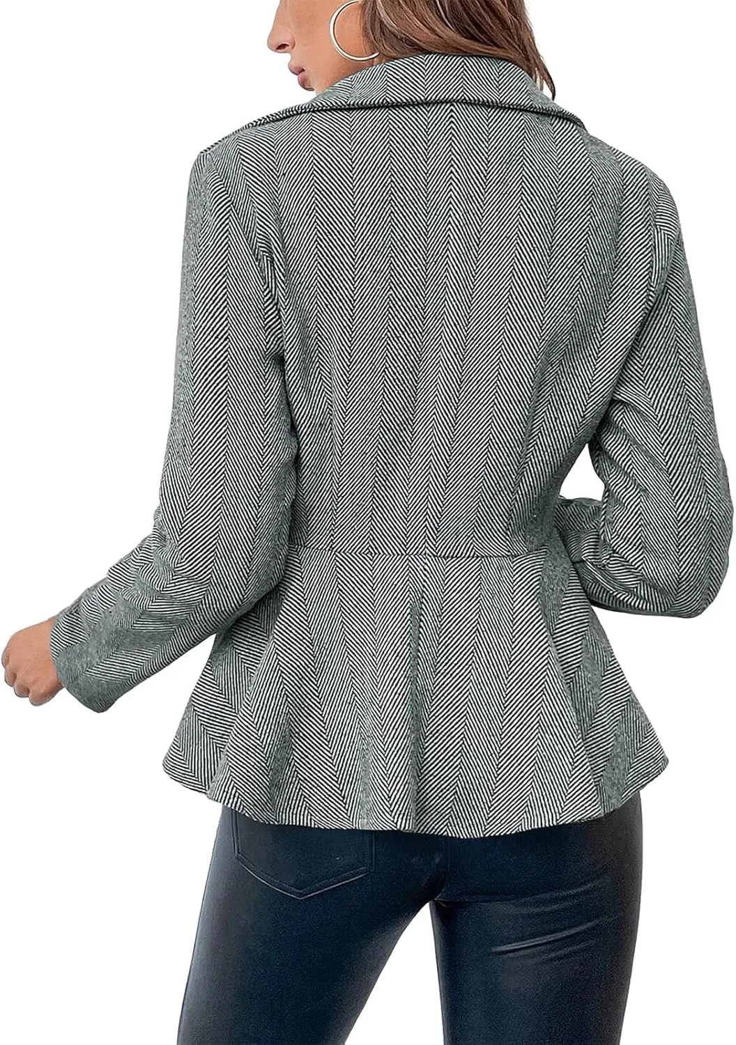 Cicy Bell Elegant Women Blazer Business Work Office Peplum Hem Jacket Open Front Herringbone Coats