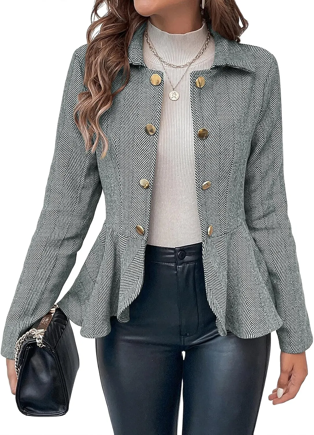Cicy Bell Elegant Women Blazer Business Work Office Peplum Hem Jacket Open Front Herringbone Coats