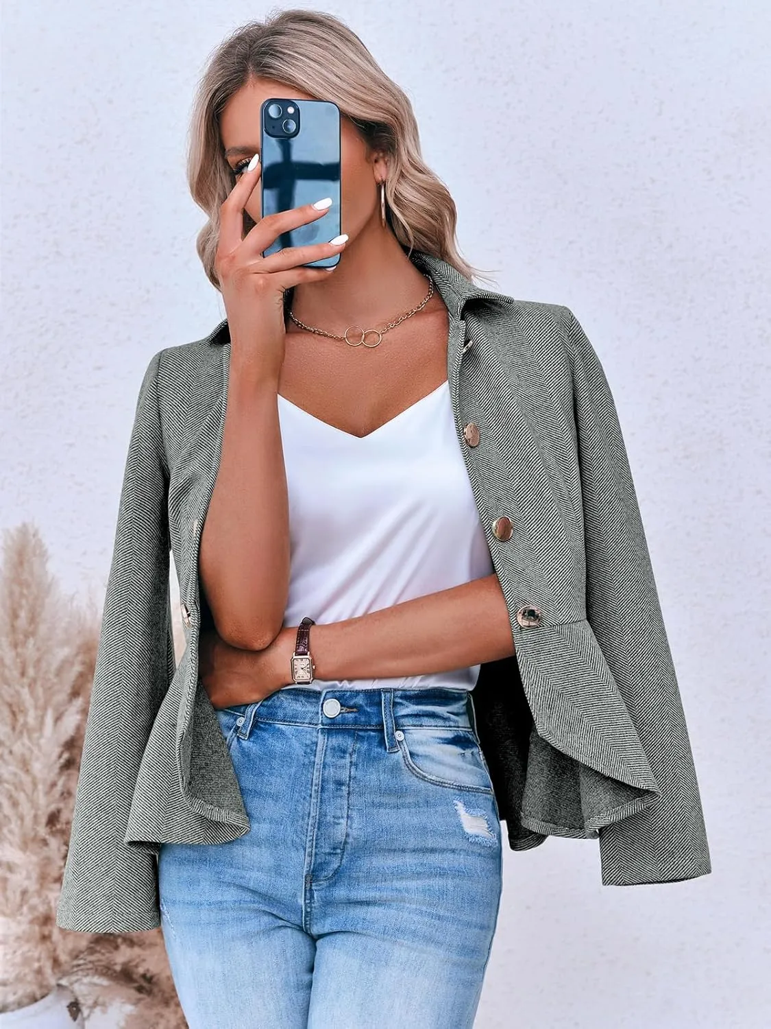 Cicy Bell Elegant Women Blazer Business Work Office Peplum Hem Jacket Open Front Herringbone Coats
