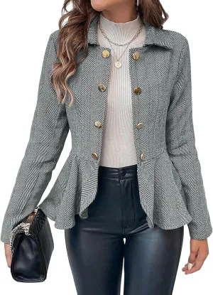 Cicy Bell Elegant Women Blazer Business Work Office Peplum Hem Jacket Open Front Herringbone Coats