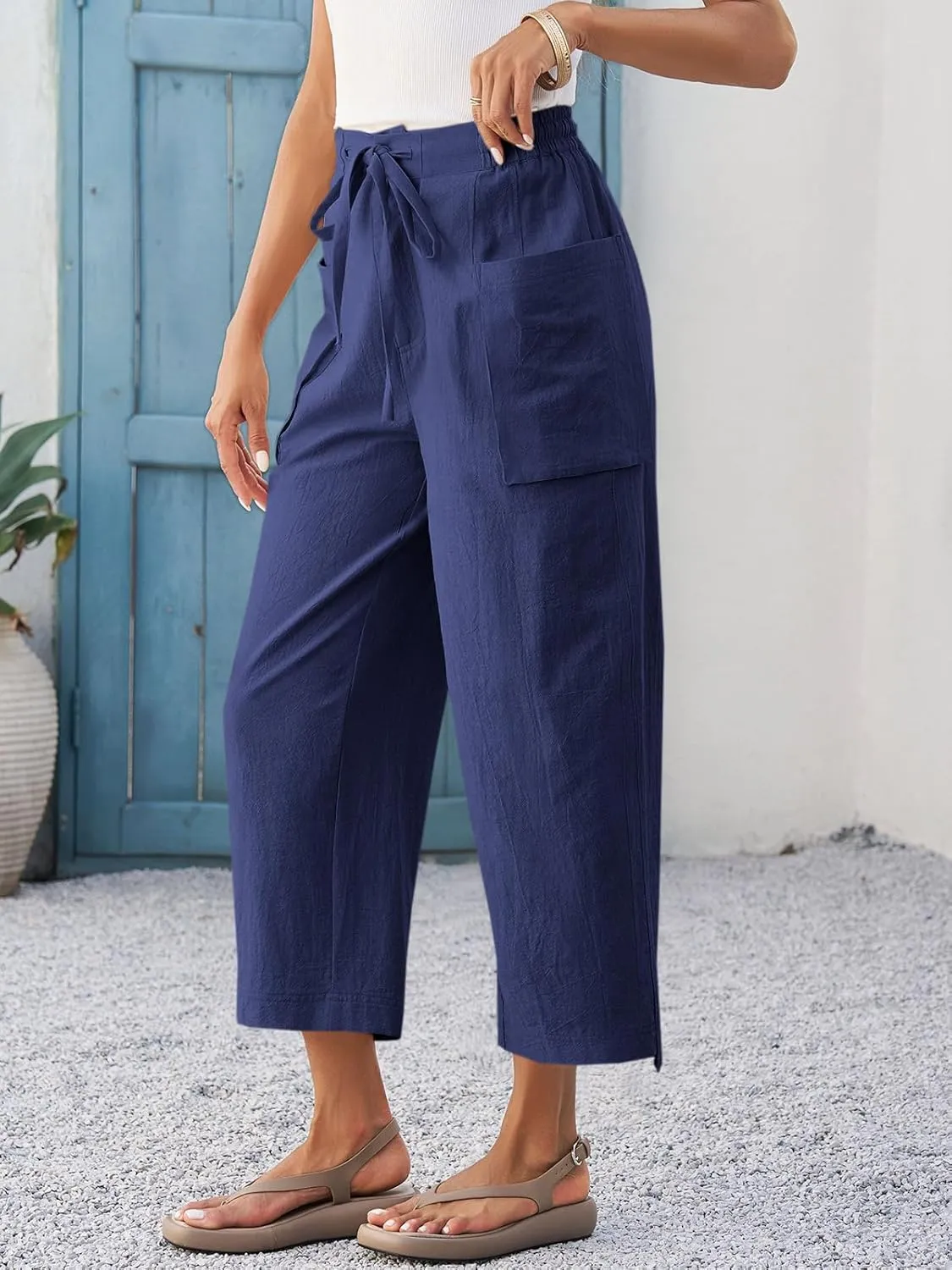 Cicy Bell Womens Wide Leg Cropped Pants Cotton Loose Drawstring Smocked Waist Beach Harem Pants with Pockets