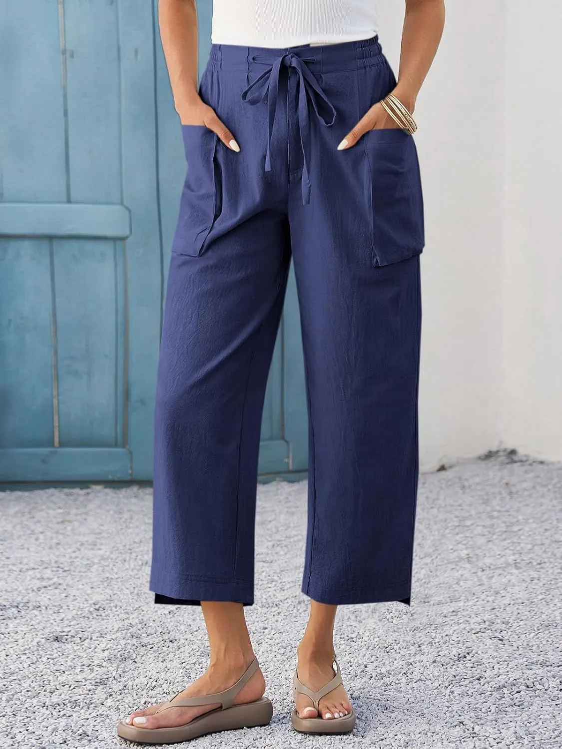 Cicy Bell Womens Wide Leg Cropped Pants Cotton Loose Drawstring Smocked Waist Beach Harem Pants with Pockets