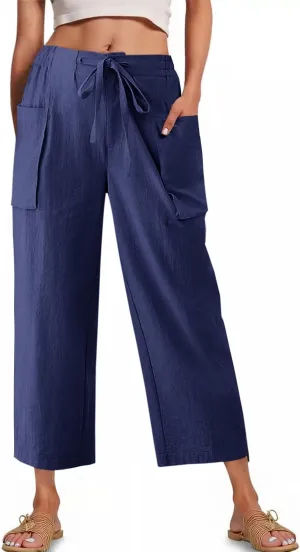 Cicy Bell Womens Wide Leg Cropped Pants Cotton Loose Drawstring Smocked Waist Beach Harem Pants with Pockets
