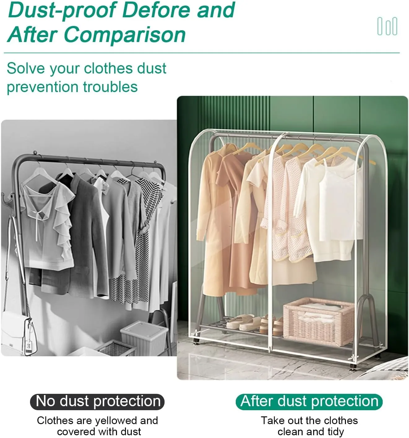 Clothing Rack Cover, Garment Bags for Hanging Clothes, with Zipper, Suitable for Storing Clothes, Dresses, Coats, Suits(Clear,60x50x150cm x20x59in)