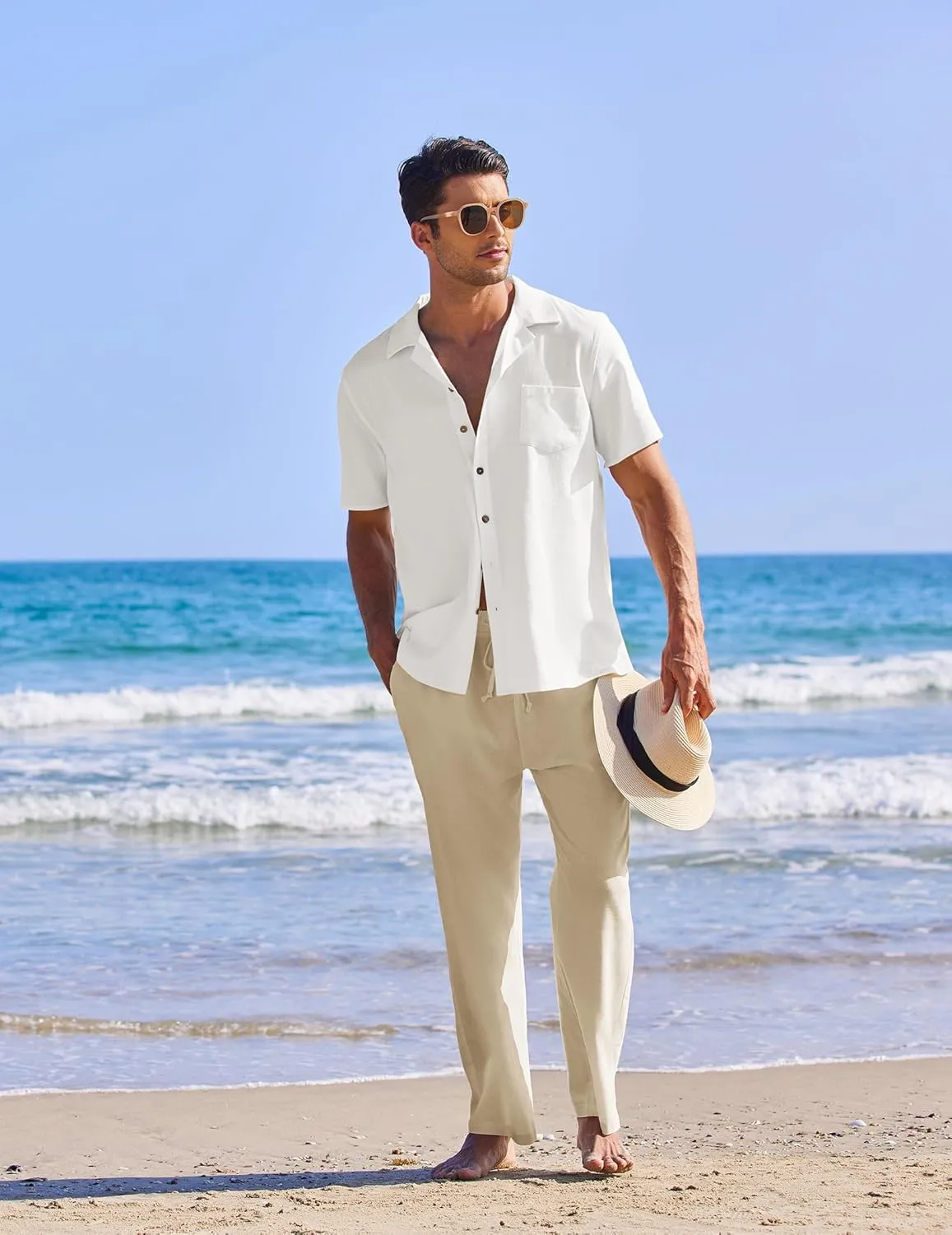COOFANDY Men 2 Piece Linen Outfit Beach Button Down Shirt Casual Loose Pant Sets