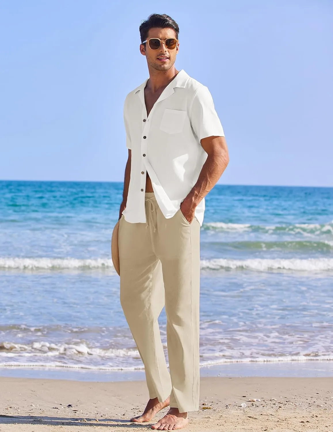 COOFANDY Men 2 Piece Linen Outfit Beach Button Down Shirt Casual Loose Pant Sets