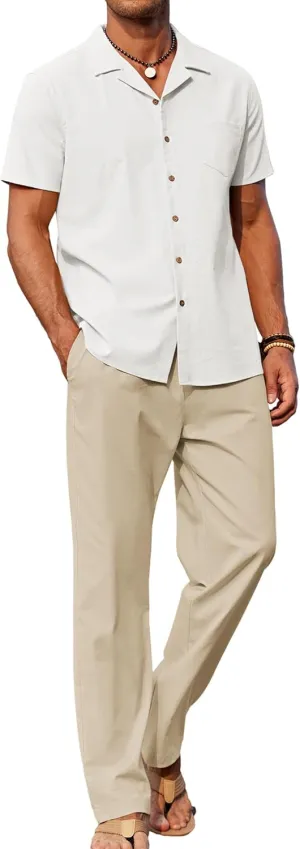 COOFANDY Men 2 Piece Linen Outfit Beach Button Down Shirt Casual Loose Pant Sets
