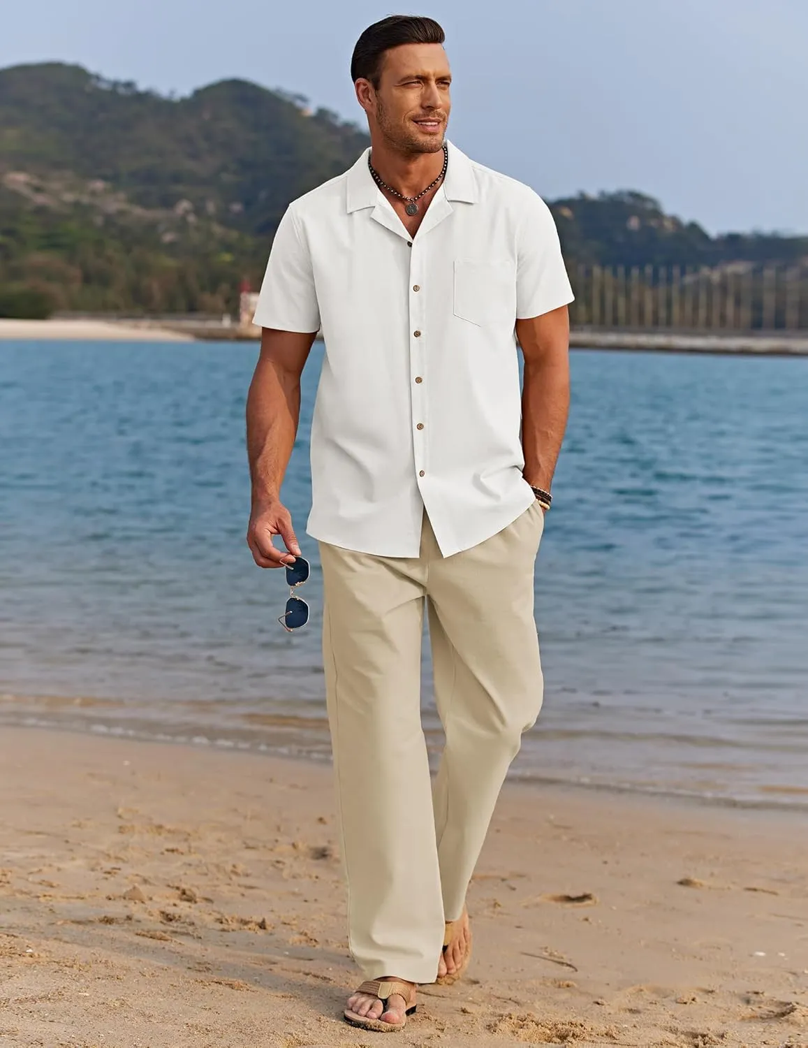 COOFANDY Men 2 Piece Linen Outfit Beach Button Down Shirt Casual Loose Pant Sets