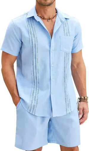 COOFANDY Men Linen Sets Outfits 2 Piece Short Sleeve Cuban Shirts Guayabera Linen Suit