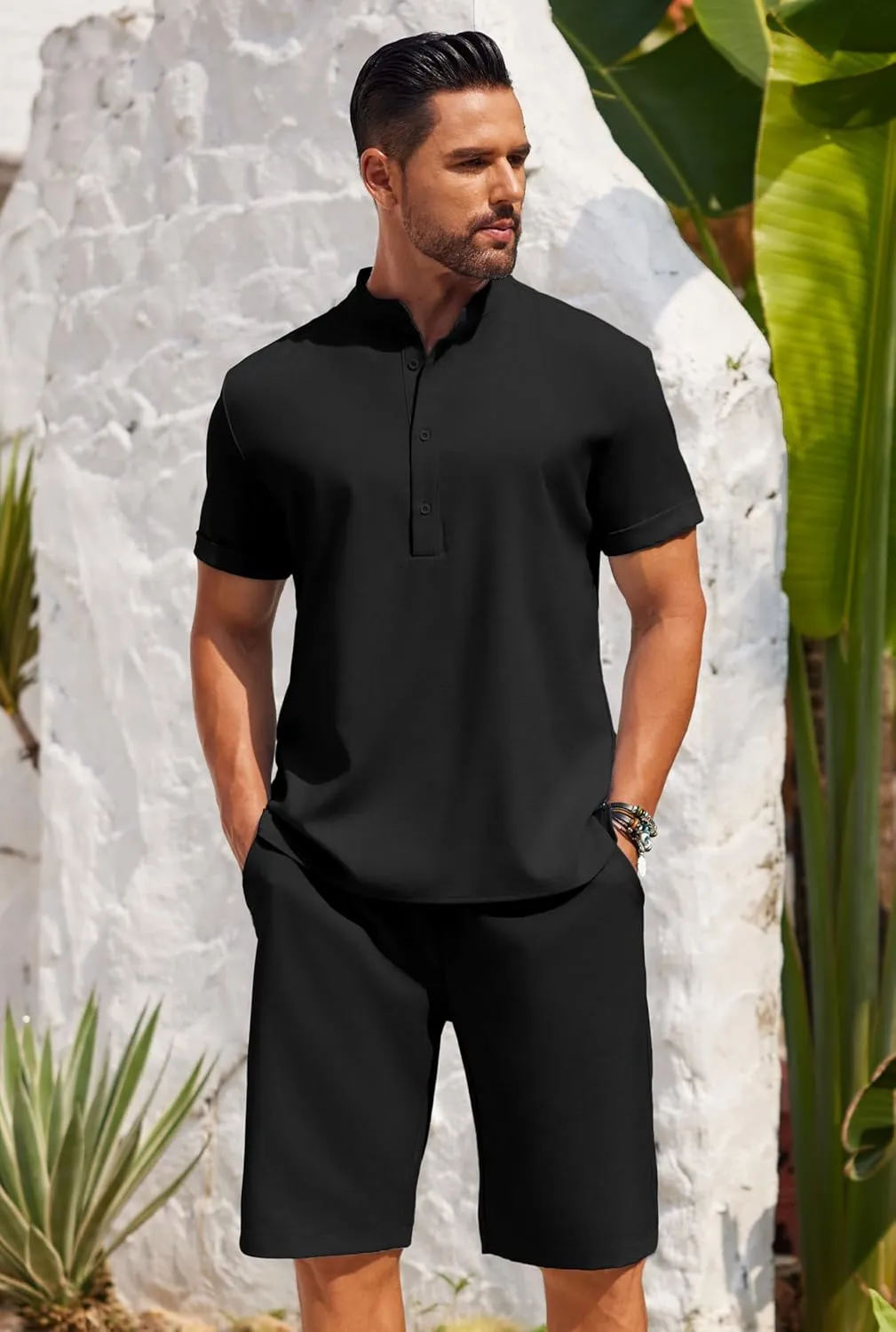 COOFANDY Men's 2 Pieces Set Short Sleeve Henley Shirts and Shorts Pants Texture Summer Beach Vacation Outfits