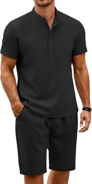 COOFANDY Men's 2 Pieces Set Short Sleeve Henley Shirts and Shorts Pants Texture Summer Beach Vacation Outfits
