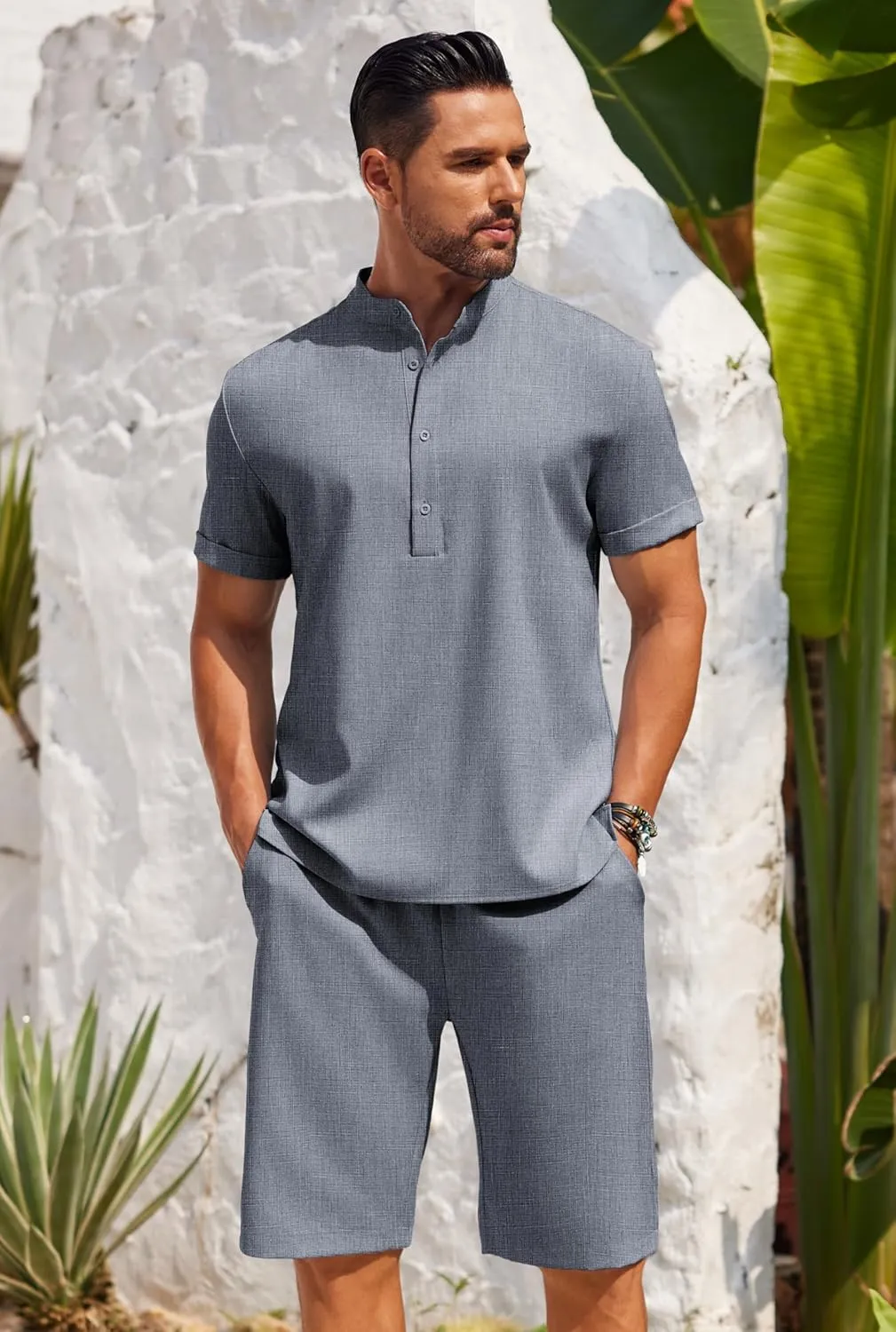 COOFANDY Men's 2 Pieces Set Short Sleeve Henley Shirts and Shorts Pants Texture Summer Beach Vacation Outfits