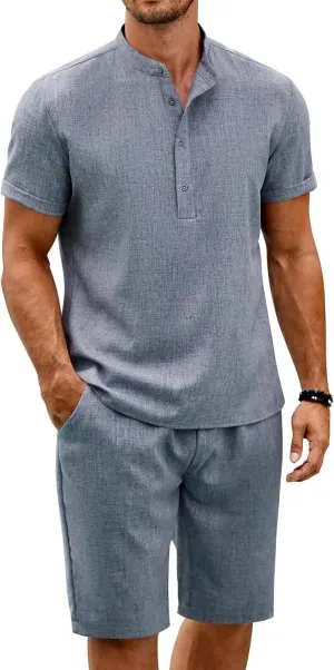 COOFANDY Men's 2 Pieces Set Short Sleeve Henley Shirts and Shorts Pants Texture Summer Beach Vacation Outfits