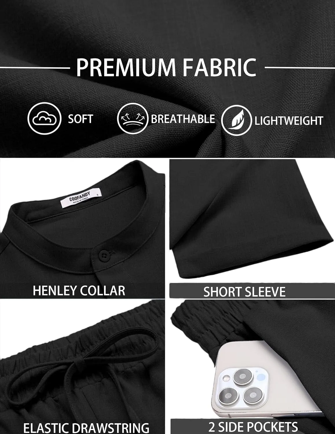 COOFANDY Men's 2 Pieces Set Short Sleeve Henley Shirts and Shorts Pants Texture Summer Beach Vacation Outfits