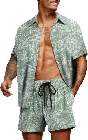 COOFANDY Men's Hawaiian Matching Set Summer Beach 2 Piece Outfits Flower Button Down Shirts and Shorts Vacation Outfits