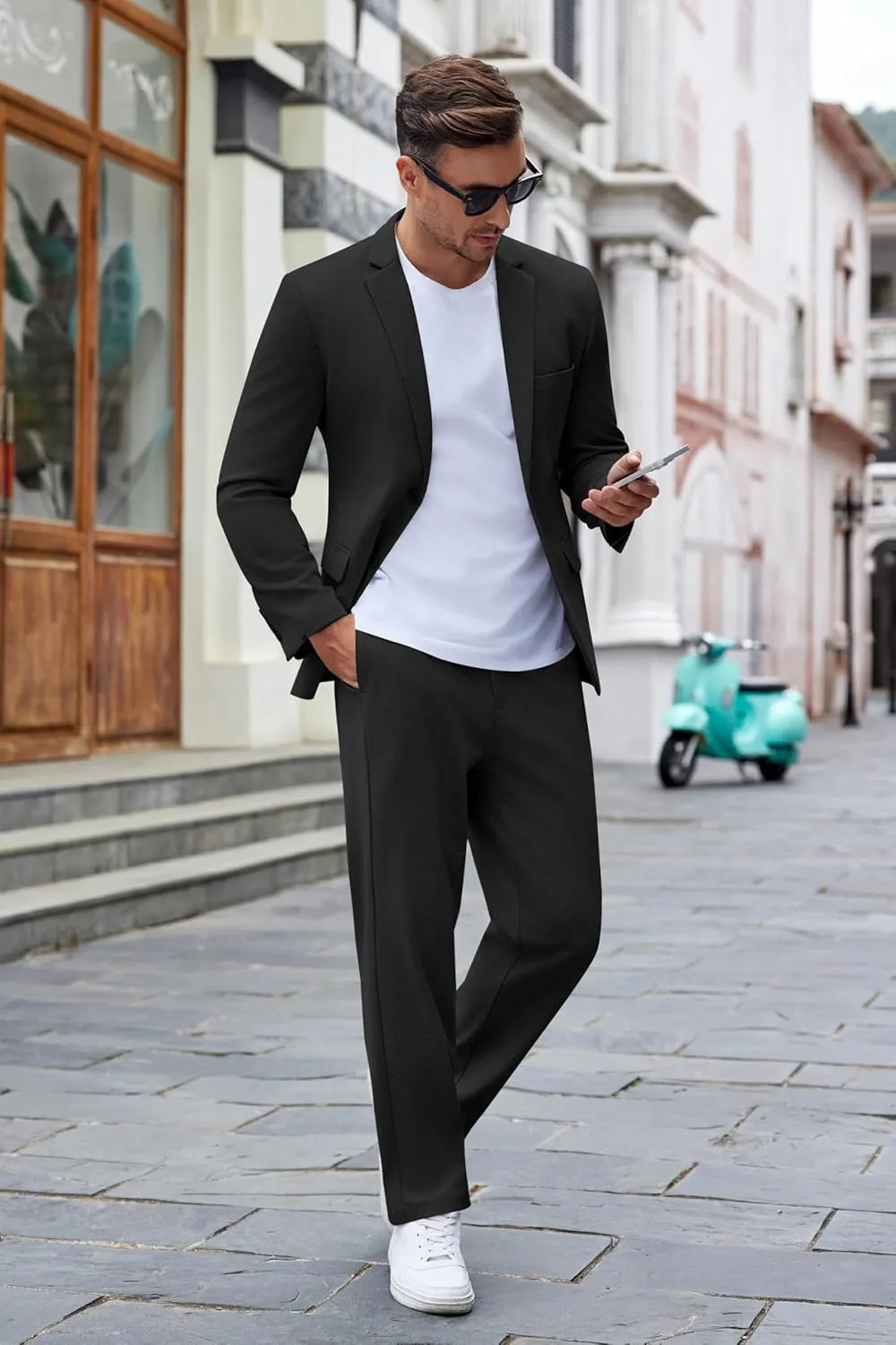 COOFANDY Men's Suits 2 Piece Slim Fit Suit Set 2 Button Lightweight Casual Knit Blazer Suit Jacket Pants