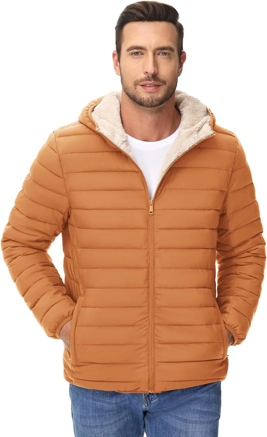 Cotrasen Mens Puffer Jacket Sherpa Lined Water Resistant Hooded Full Zip Mid-Weight Warm Insulated Winter Coat