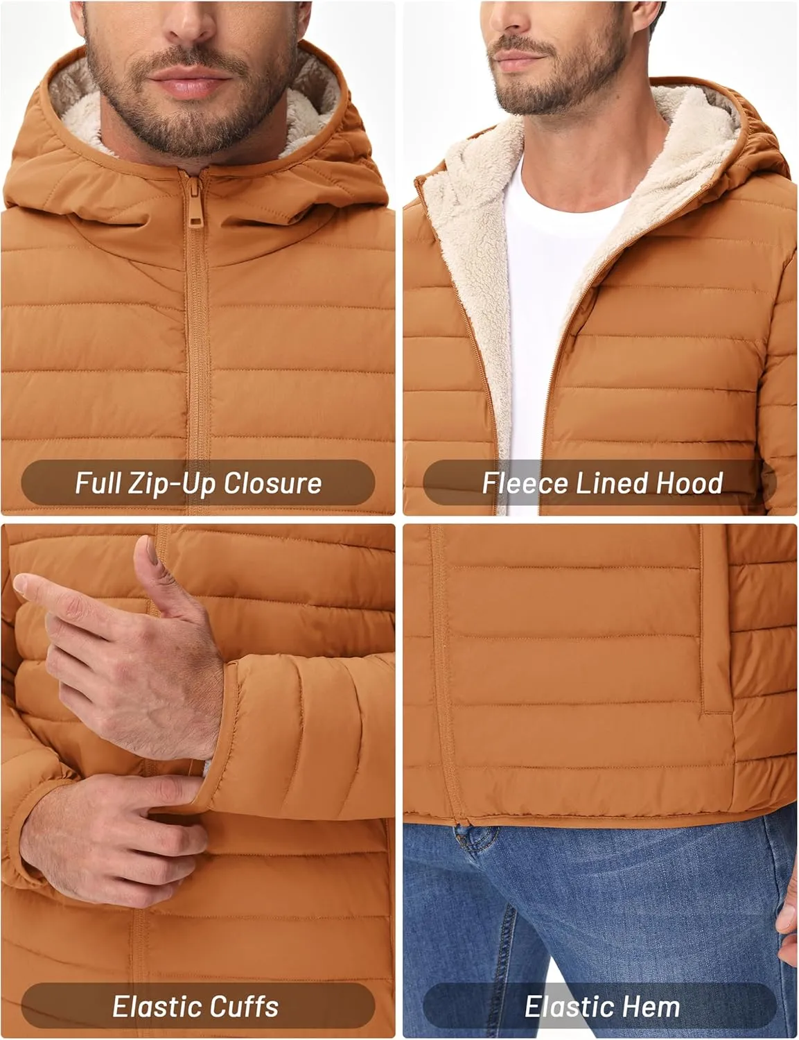 Cotrasen Mens Puffer Jacket Sherpa Lined Water Resistant Hooded Full Zip Mid-Weight Warm Insulated Winter Coat