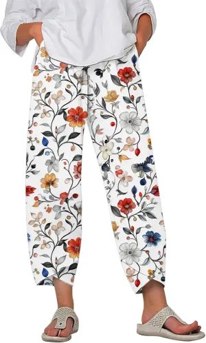 Cotton Linen Capri Pants for Women Summer Wide Leg Comfy Lounge Cropped Pants Plus Size Palazzo Trousers with Pockets