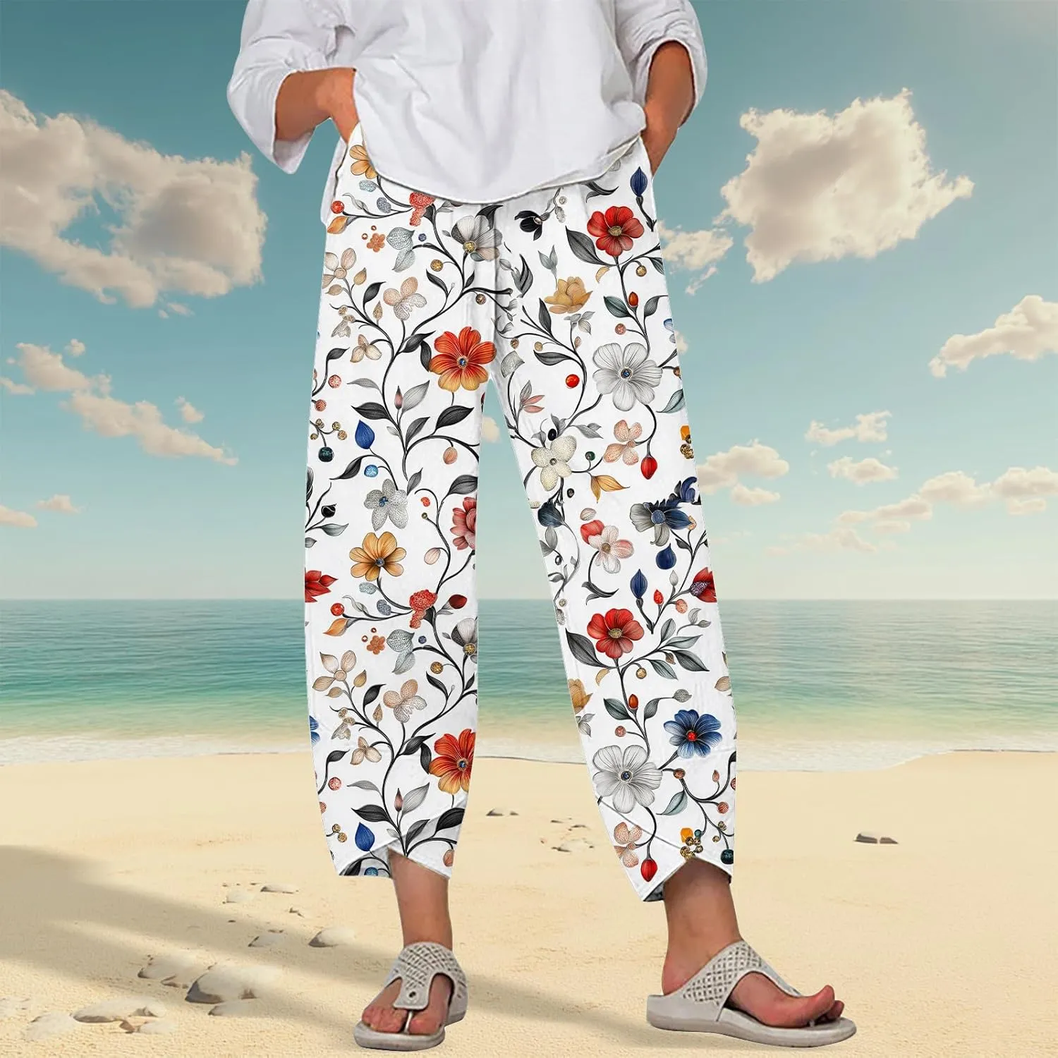 Cotton Linen Capri Pants for Women Summer Wide Leg Comfy Lounge Cropped Pants Plus Size Palazzo Trousers with Pockets