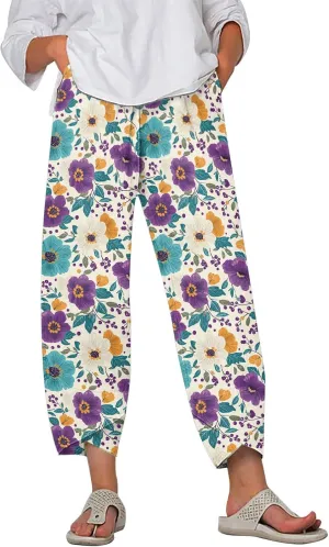 Cotton Linen Capri Pants for Women Summer Wide Leg Comfy Lounge Cropped Pants Plus Size Palazzo Trousers with Pockets