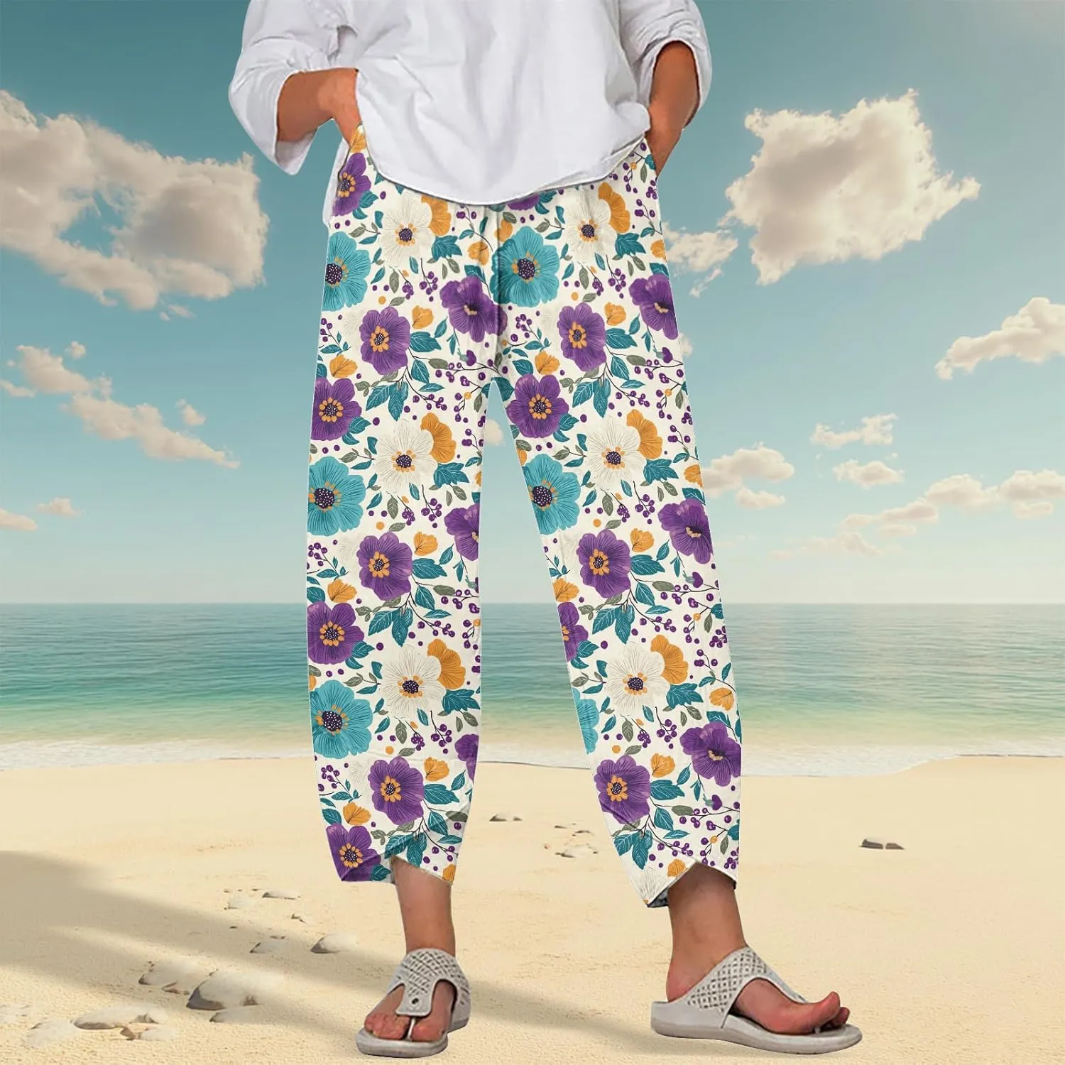 Cotton Linen Capri Pants for Women Summer Wide Leg Comfy Lounge Cropped Pants Plus Size Palazzo Trousers with Pockets