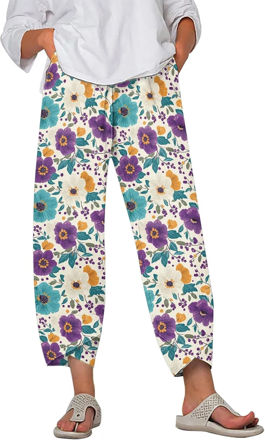 Cotton Linen Capri Pants for Women Summer Wide Leg Comfy Lounge Cropped Pants Plus Size Palazzo Trousers with Pockets