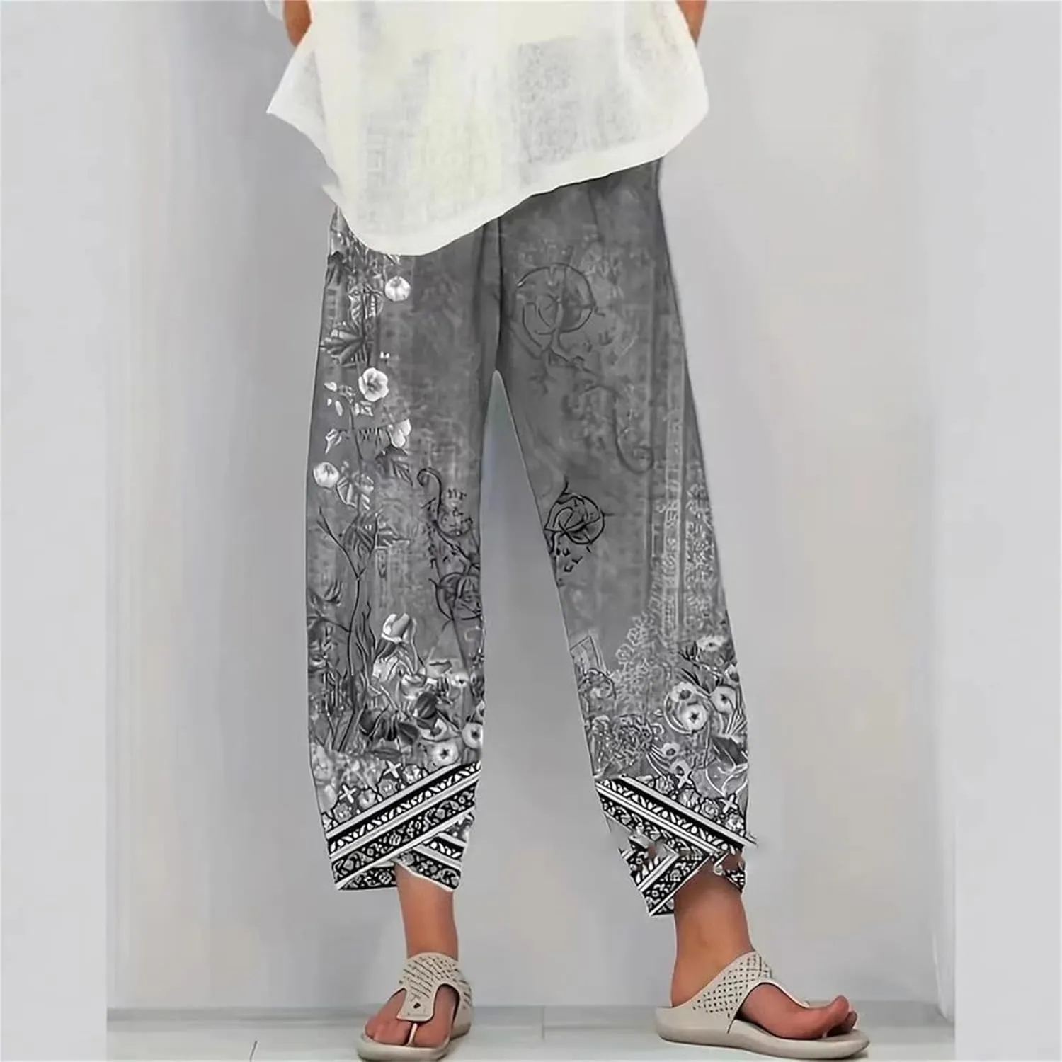 Cotton Linen Capri Pants for Women Wide Leg Summer Cropped Pants Casual Elastic Waist Trousers with Pockets