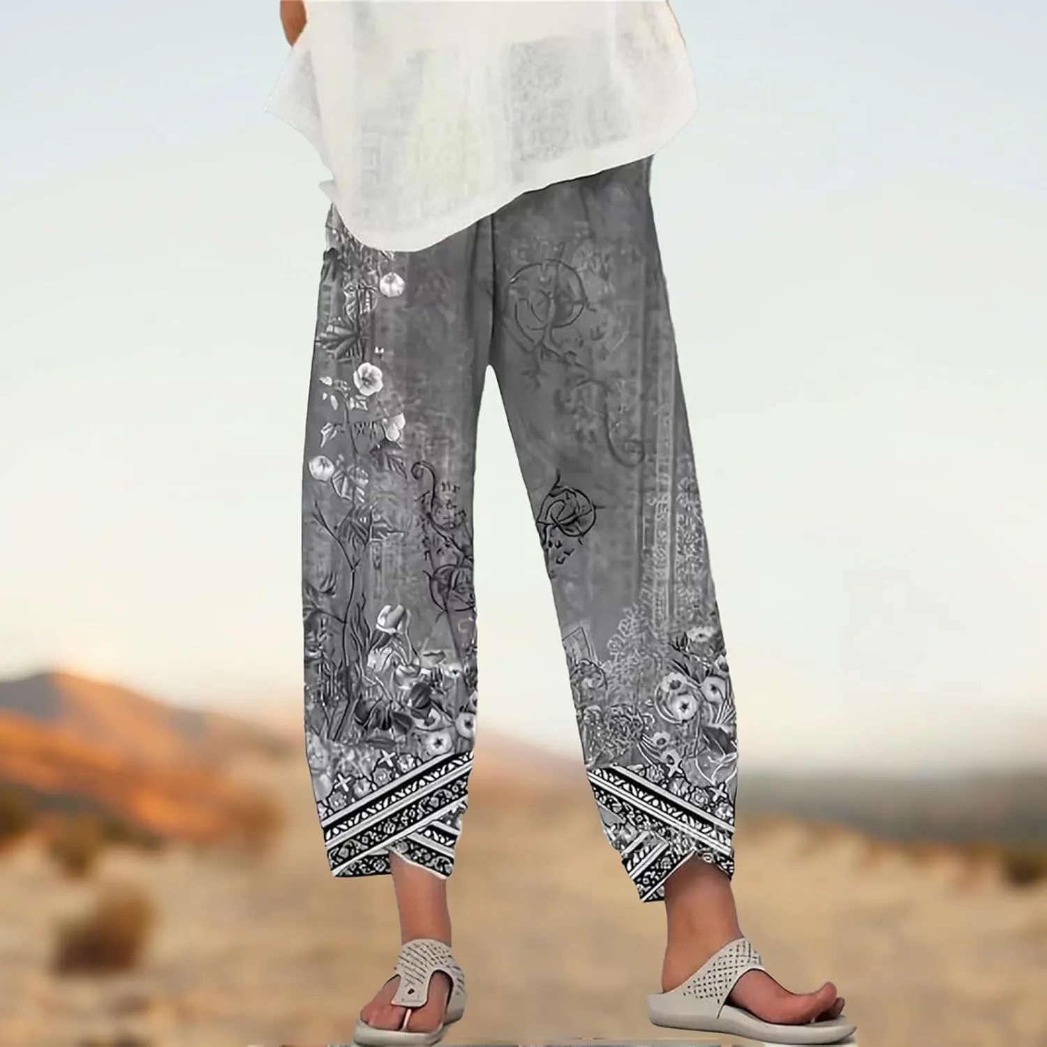 Cotton Linen Capri Pants for Women Wide Leg Summer Cropped Pants Casual Elastic Waist Trousers with Pockets