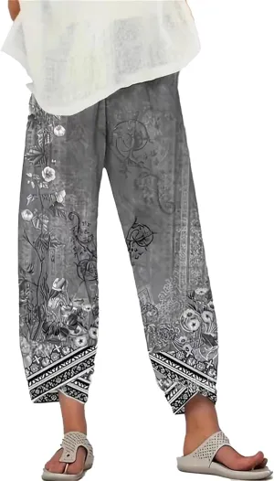 Cotton Linen Capri Pants for Women Wide Leg Summer Cropped Pants Casual Elastic Waist Trousers with Pockets