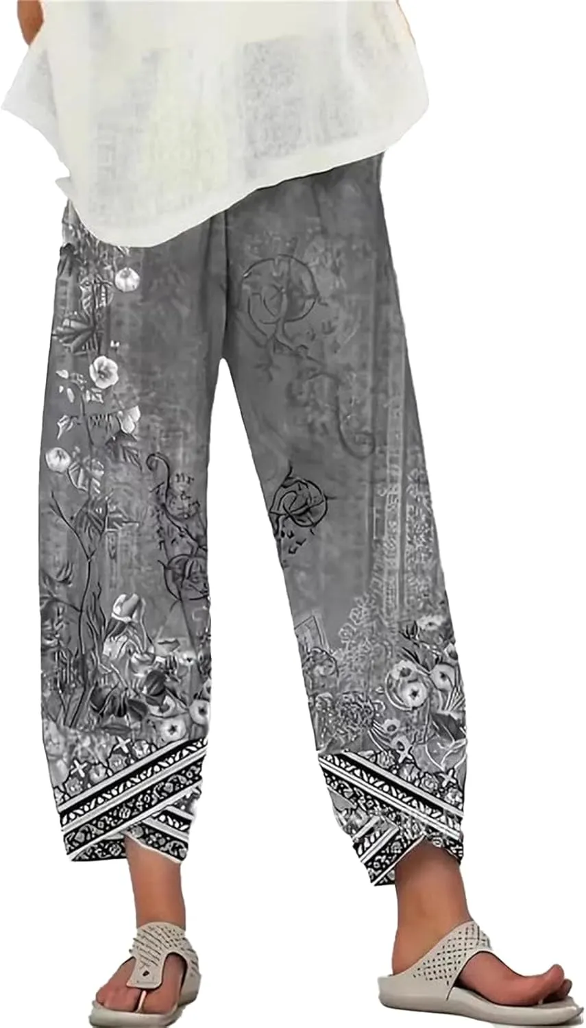 Cotton Linen Capri Pants for Women Wide Leg Summer Cropped Pants Casual Elastic Waist Trousers with Pockets