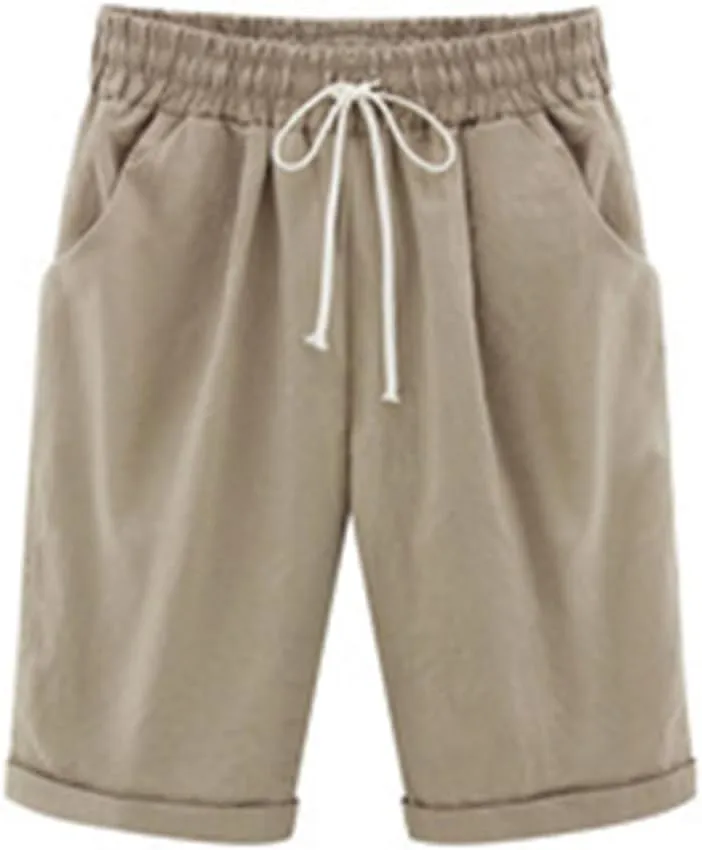Cotton Linen Drawstring Shorts for Women Elastic High Waist Straight Leg Knee Length Short Pants with Pockets