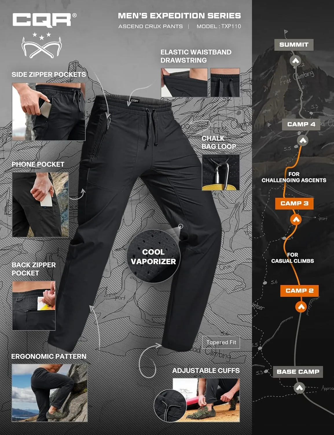 CQR Men's Lightweight Vent Hiking Pants, Water-Resistant & Breathable Sports Outdoor Athletic Pants with Elastic Waist