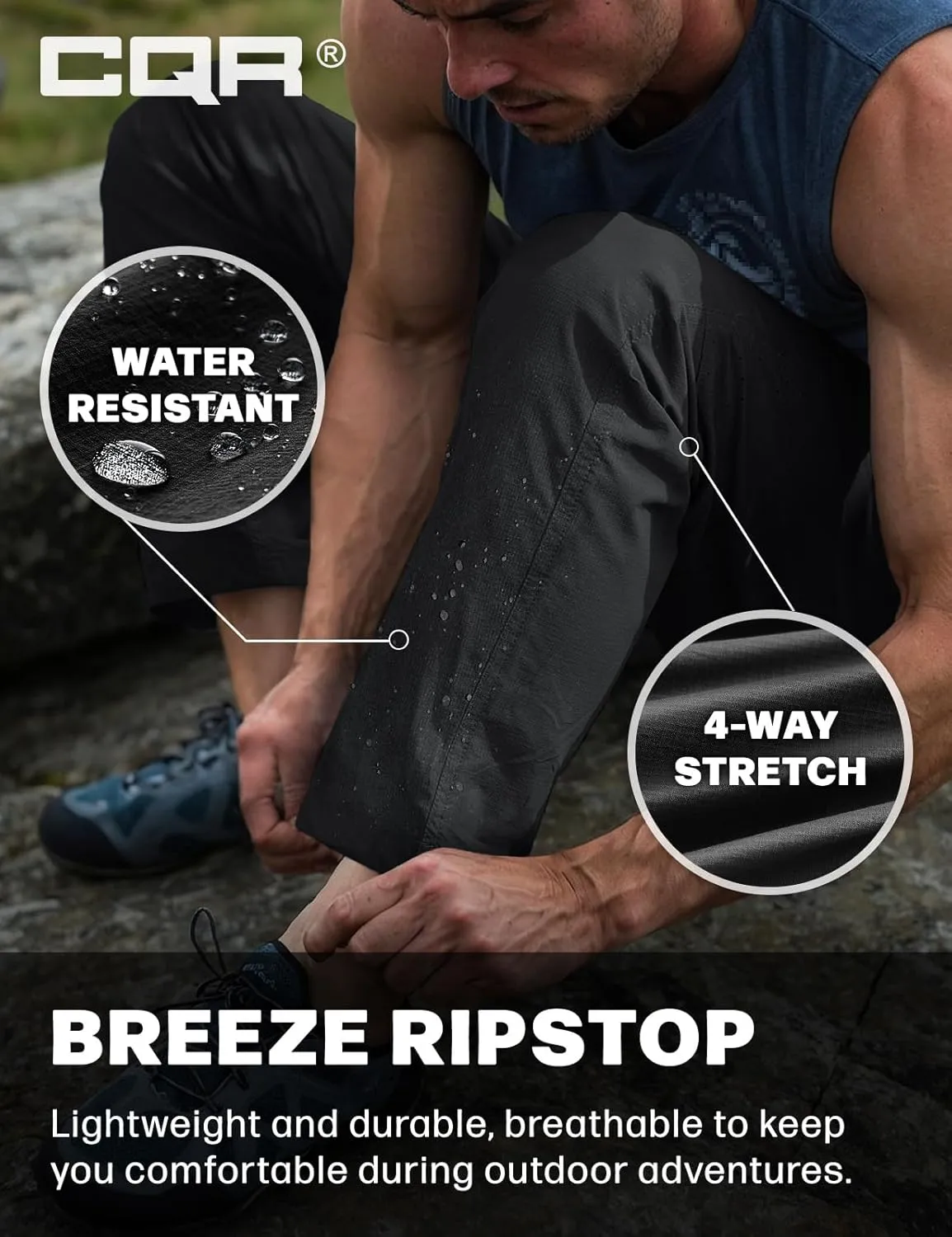 CQR Men's Lightweight Vent Hiking Pants, Water-Resistant & Breathable Sports Outdoor Athletic Pants with Elastic Waist