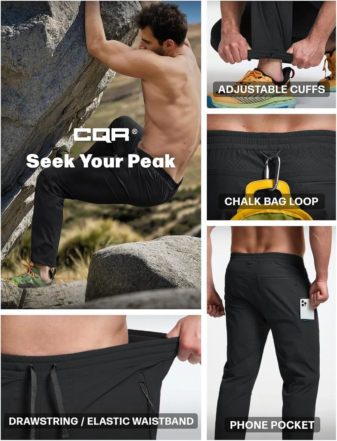 CQR Men's Lightweight Vent Hiking Pants, Water-Resistant & Breathable Sports Outdoor Athletic Pants with Elastic Waist