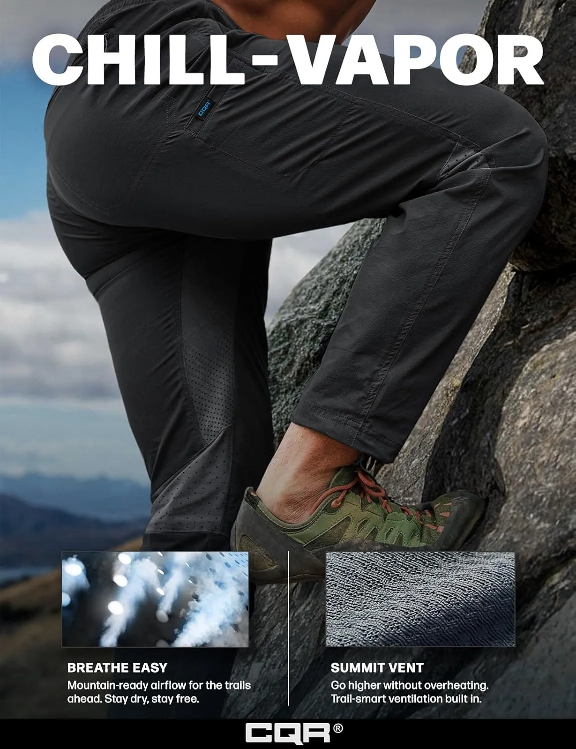 CQR Men's Lightweight Vent Hiking Pants, Water-Resistant & Breathable Sports Outdoor Athletic Pants with Elastic Waist