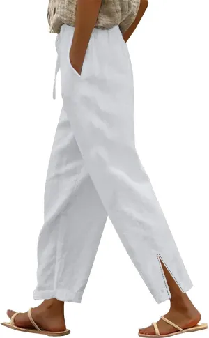 Cropped Linen Pants Women - Womens Summer Pants 2025 Vacation Casual Beach Pants with Pockets Lightweight Lounge Pant