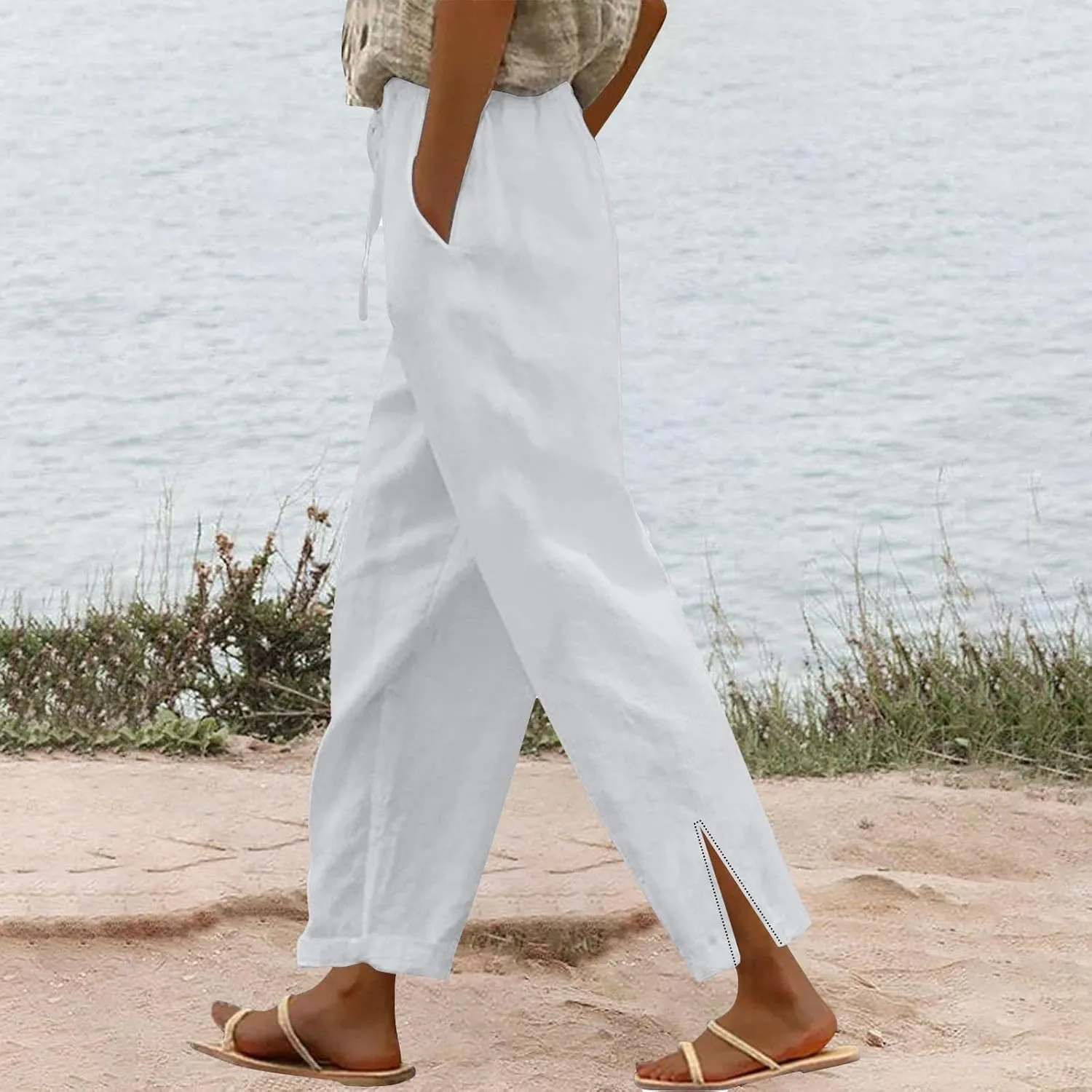 Cropped Linen Pants Women - Womens Summer Pants 2025 Vacation Casual Beach Pants with Pockets Lightweight Lounge Pant