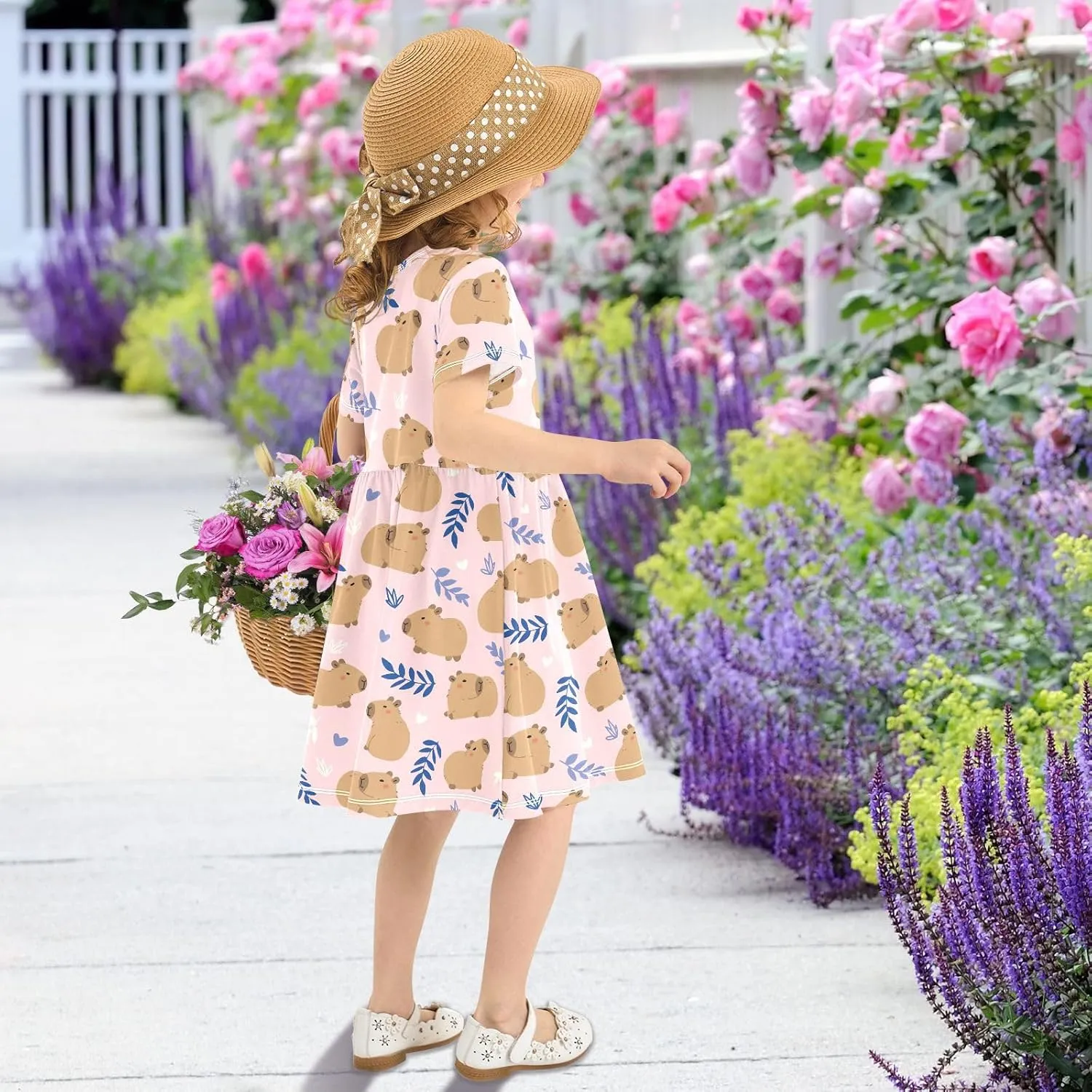Cute Capybara Simple Flower Pattern Summer Girls Short Sleeve Dress Casual Dresses Beach Sundress for 2-8 Years