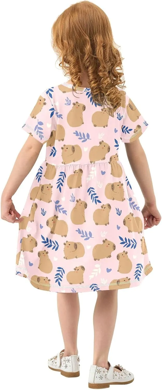 Cute Capybara Simple Flower Pattern Summer Girls Short Sleeve Dress Casual Dresses Beach Sundress for 2-8 Years