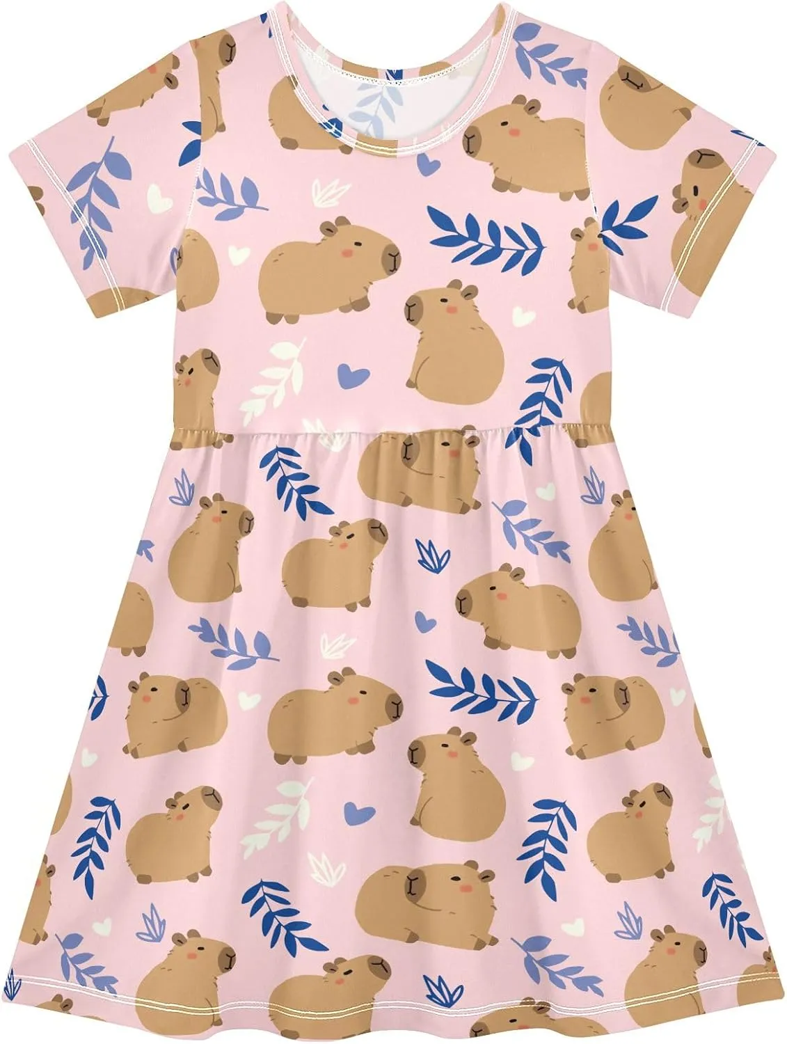 Cute Capybara Simple Flower Pattern Summer Girls Short Sleeve Dress Casual Dresses Beach Sundress for 2-8 Years