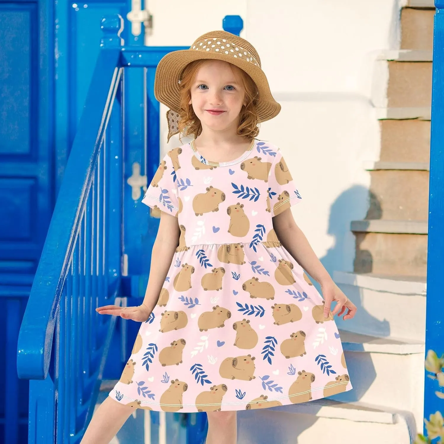 Cute Capybara Simple Flower Pattern Summer Girls Short Sleeve Dress Casual Dresses Beach Sundress for 2-8 Years