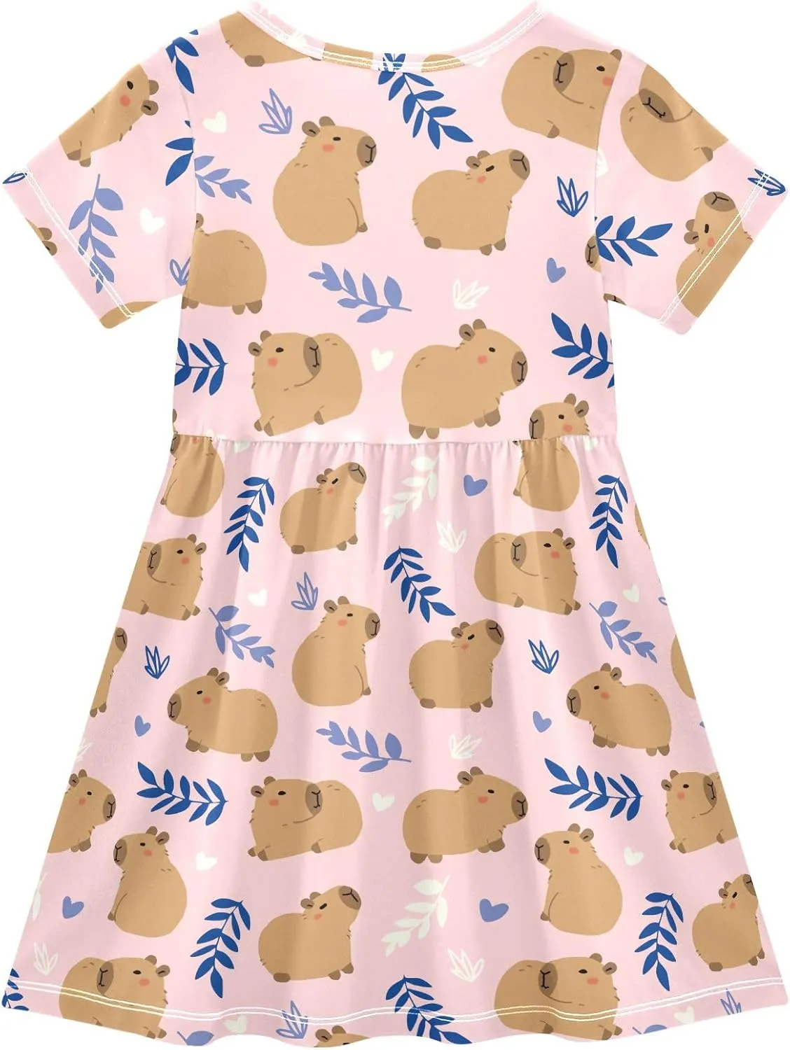 Cute Capybara Simple Flower Pattern Summer Girls Short Sleeve Dress Casual Dresses Beach Sundress for 2-8 Years
